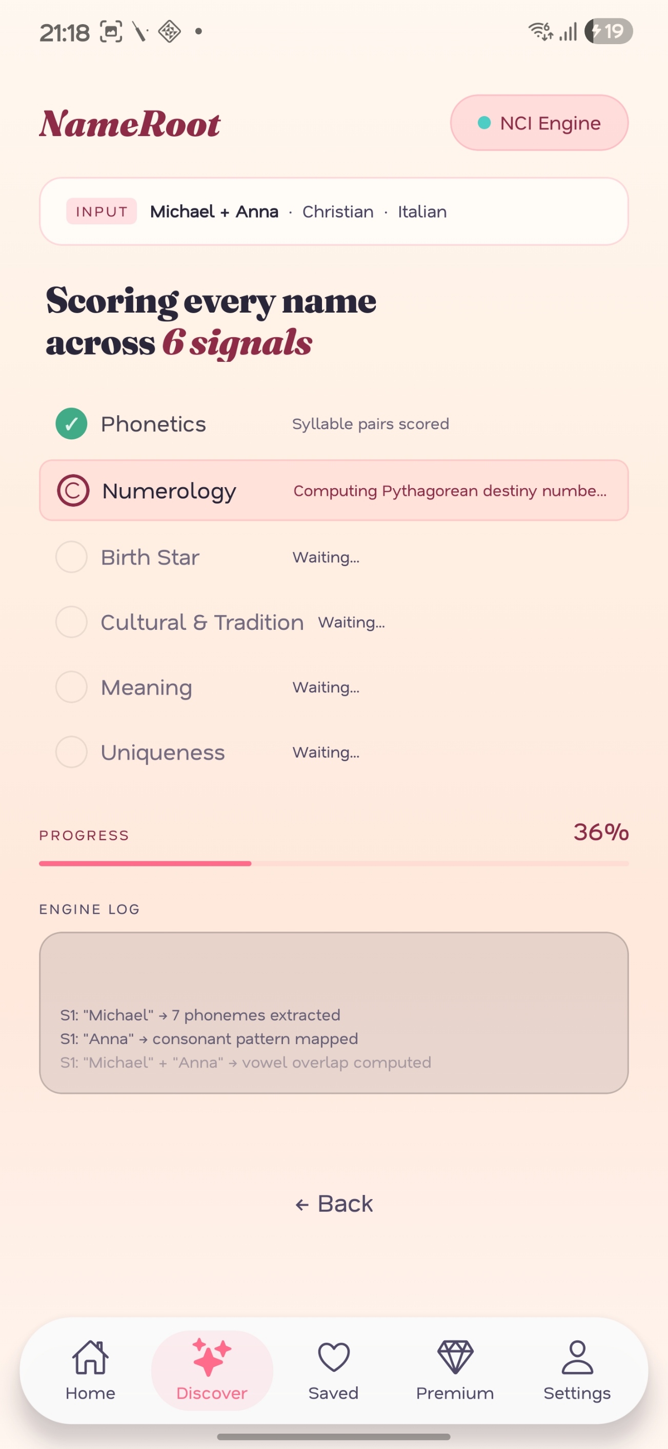 NameRoot's NCI Engine scoring across six signals — phonetics, numerology, birth star, cultural and tradition fit, meaning, uniqueness — for parents Michael and Anna, a Christian Italian family