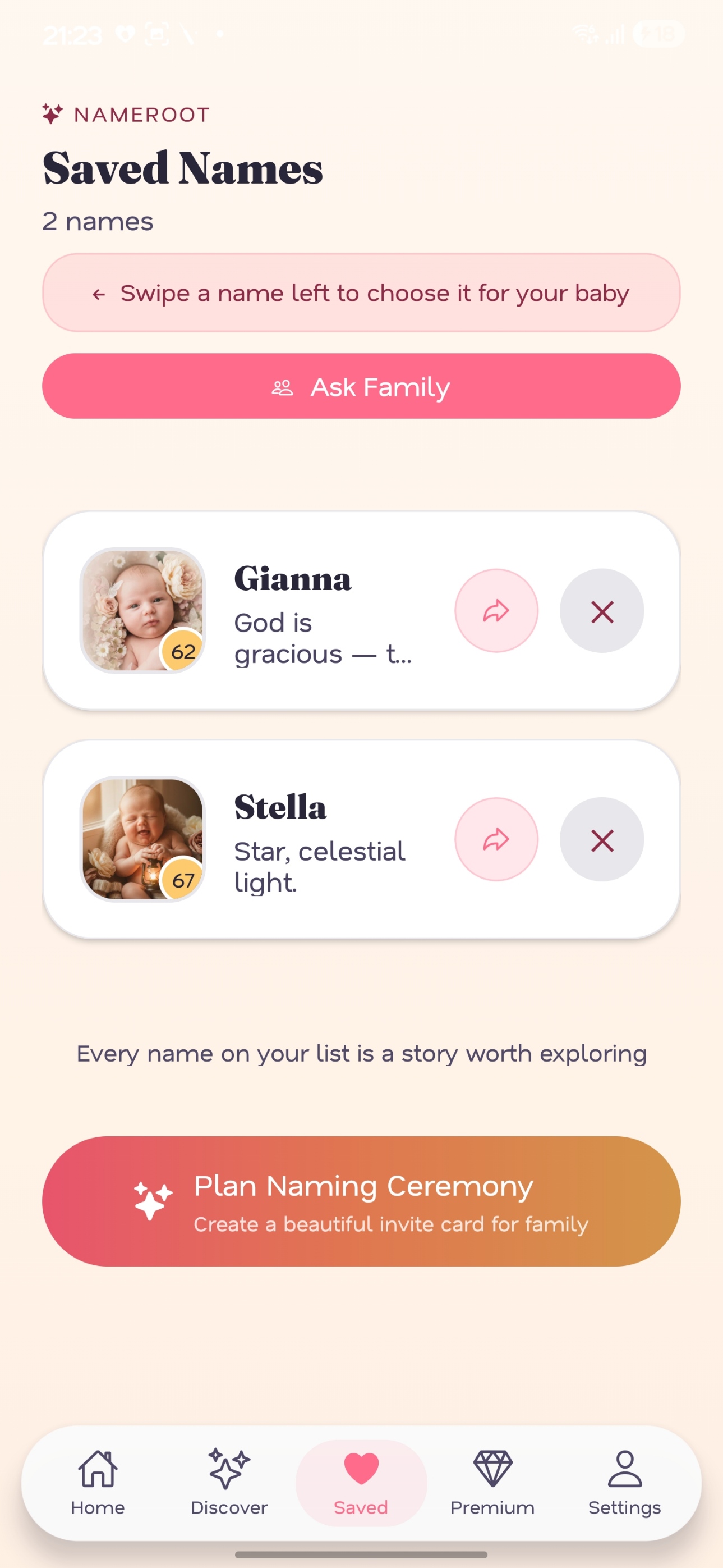 Saved Names list with two favorited names Gianna and Stella, each showing its compatibility score and AI portrait, plus an Ask Family button and a Plan Naming Ceremony CTA